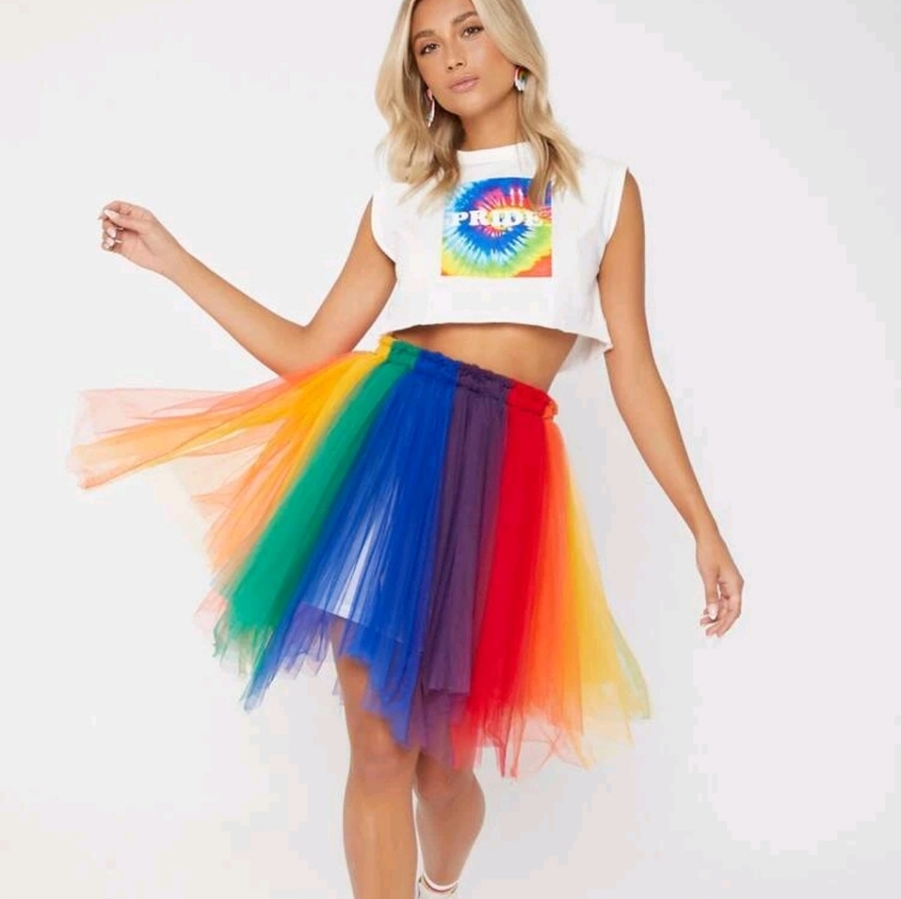 Colorblock Mesh Rainbow Flare Tutu Skirt
